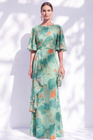 Laden Sie das Bild in den Galerie-Viewer, Salbeigrünes Blumen Meerjungfrauen Bateau-Hals Gerafftes Langes Mutter der Braut Kleid mit Schärpe