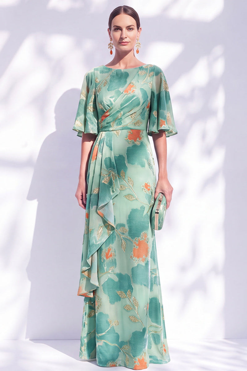Laden Sie das Bild in den Galerie-Viewer, Salbeigrünes Blumen Meerjungfrauen Bateau-Hals Gerafftes Langes Mutter der Braut Kleid mit Schärpe