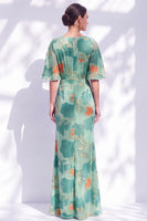 Laden Sie das Bild in den Galerie-Viewer, Salbeigrünes Blumen Meerjungfrauen Bateau-Hals Gerafftes Langes Mutter der Braut Kleid mit Schärpe