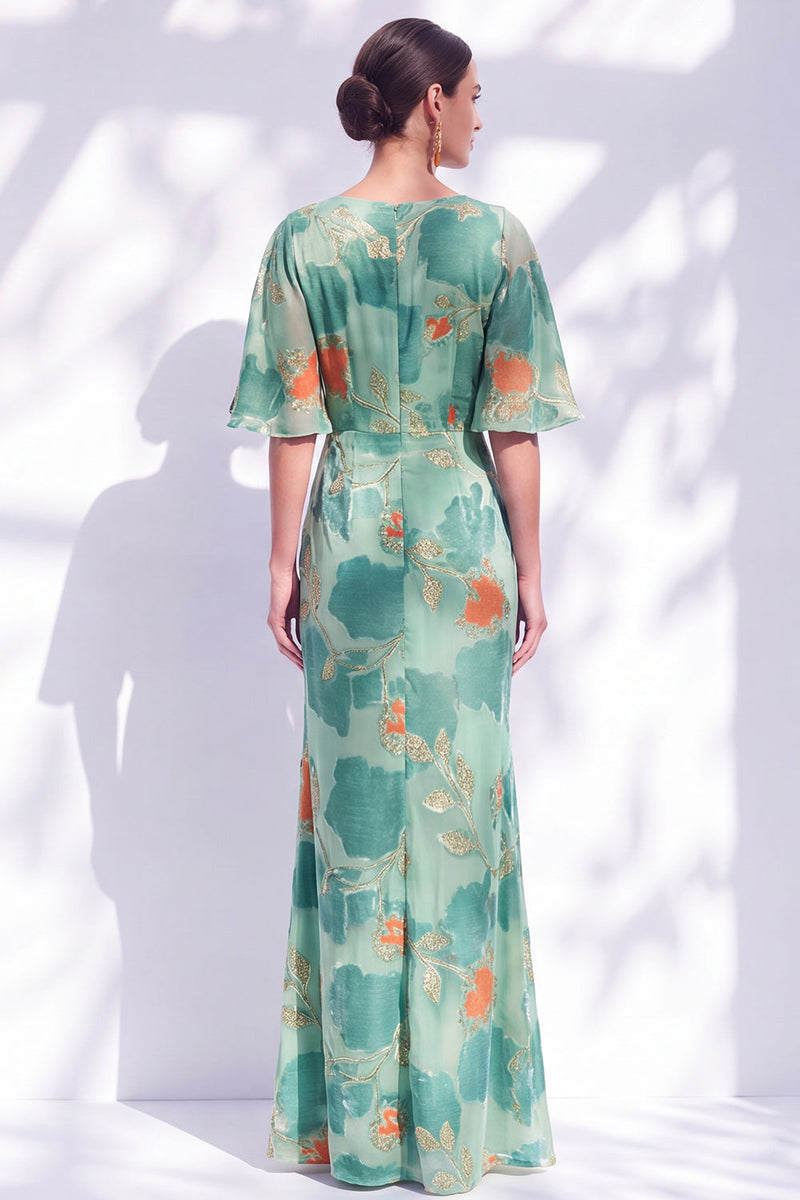 Laden Sie das Bild in den Galerie-Viewer, Salbeigrünes Blumen Meerjungfrauen Bateau-Hals Gerafftes Langes Mutter der Braut Kleid mit Schärpe