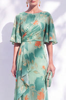 Laden Sie das Bild in den Galerie-Viewer, Salbeigrünes Blumen Meerjungfrauen Bateau-Hals Gerafftes Langes Mutter der Braut Kleid mit Schärpe