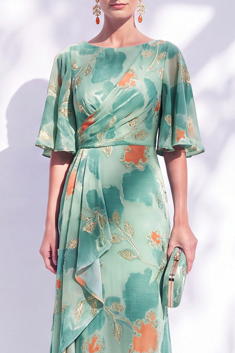 Laden Sie das Bild in den Galerie-Viewer, Salbeigrünes Blumen Meerjungfrauen Bateau-Hals Gerafftes Langes Mutter der Braut Kleid mit Schärpe