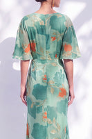 Laden Sie das Bild in den Galerie-Viewer, Salbeigrünes Blumen Meerjungfrauen Bateau-Hals Gerafftes Langes Mutter der Braut Kleid mit Schärpe