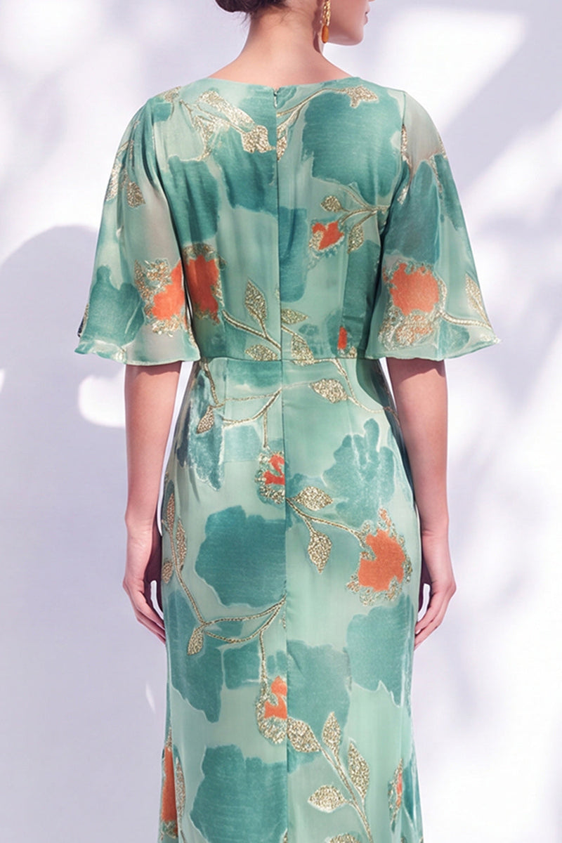 Laden Sie das Bild in den Galerie-Viewer, Salbeigrünes Blumen Meerjungfrauen Bateau-Hals Gerafftes Langes Mutter der Braut Kleid mit Schärpe