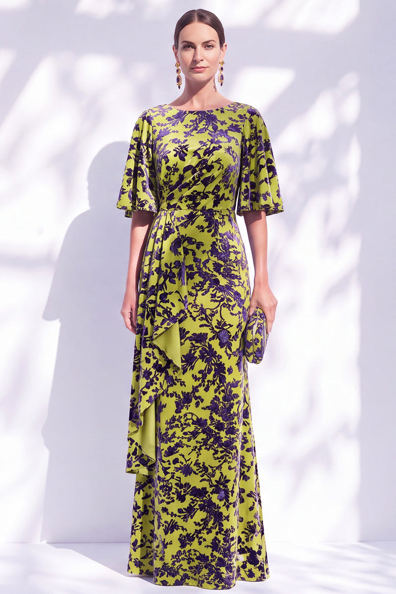 Laden Sie das Bild in den Galerie-Viewer, Salbeigrünes Blumen Meerjungfrauen Bateau-Hals Gerafftes Langes Mutter der Braut Kleid mit Schärpe