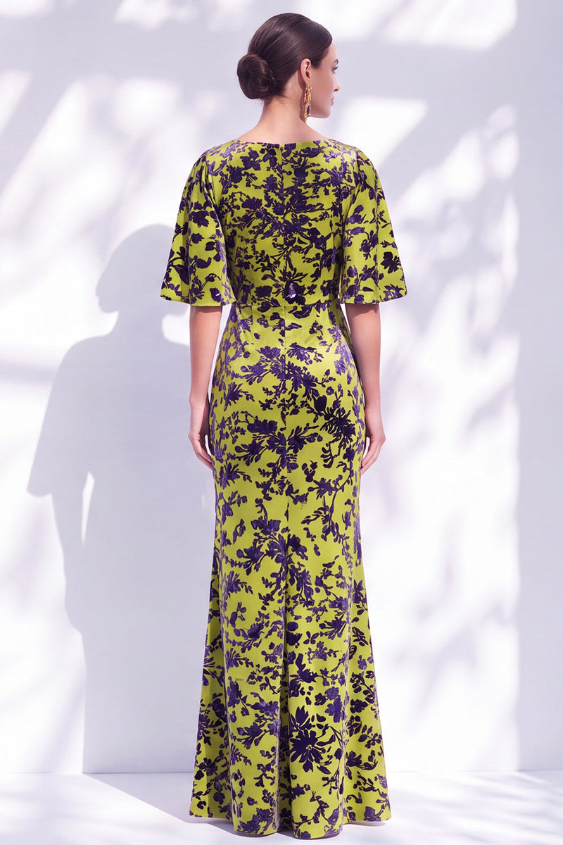 Laden Sie das Bild in den Galerie-Viewer, Salbeigrünes Blumen Meerjungfrauen Bateau-Hals Gerafftes Langes Mutter der Braut Kleid mit Schärpe