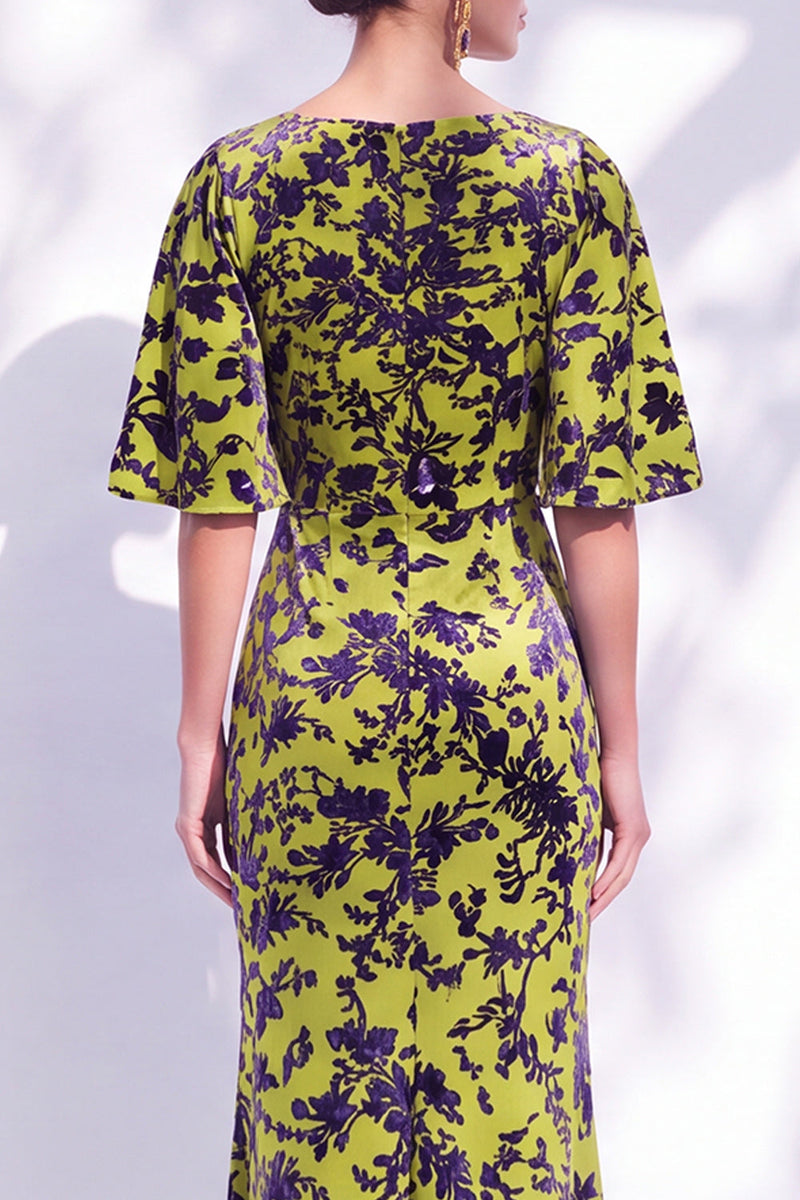 Laden Sie das Bild in den Galerie-Viewer, Salbeigrünes Blumen Meerjungfrauen Bateau-Hals Gerafftes Langes Mutter der Braut Kleid mit Schärpe