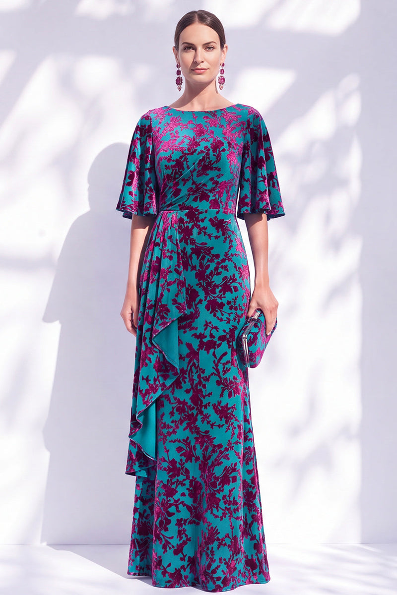 Laden Sie das Bild in den Galerie-Viewer, Salbeigrünes Blumen Meerjungfrauen Bateau-Hals Gerafftes Langes Mutter der Braut Kleid mit Schärpe