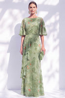 Laden Sie das Bild in den Galerie-Viewer, Salbeigrünes Blumen Meerjungfrauen Bateau-Hals Gerafftes Langes Mutter der Braut Kleid mit Schärpe