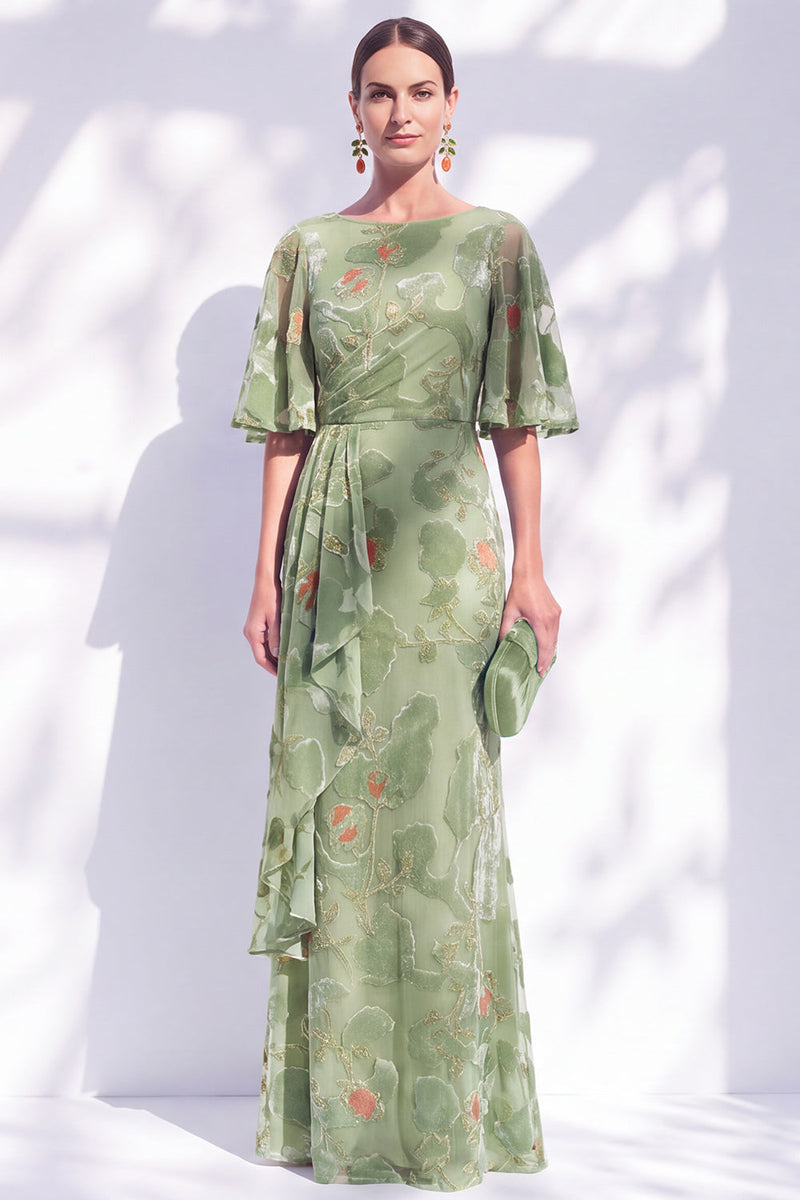 Laden Sie das Bild in den Galerie-Viewer, Salbeigrünes Blumen Meerjungfrauen Bateau-Hals Gerafftes Langes Mutter der Braut Kleid mit Schärpe