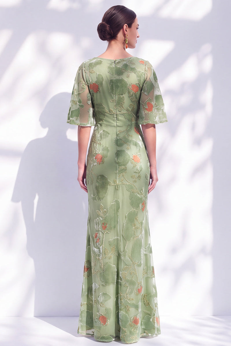 Laden Sie das Bild in den Galerie-Viewer, Salbeigrünes Blumen Meerjungfrauen Bateau-Hals Gerafftes Langes Mutter der Braut Kleid mit Schärpe
