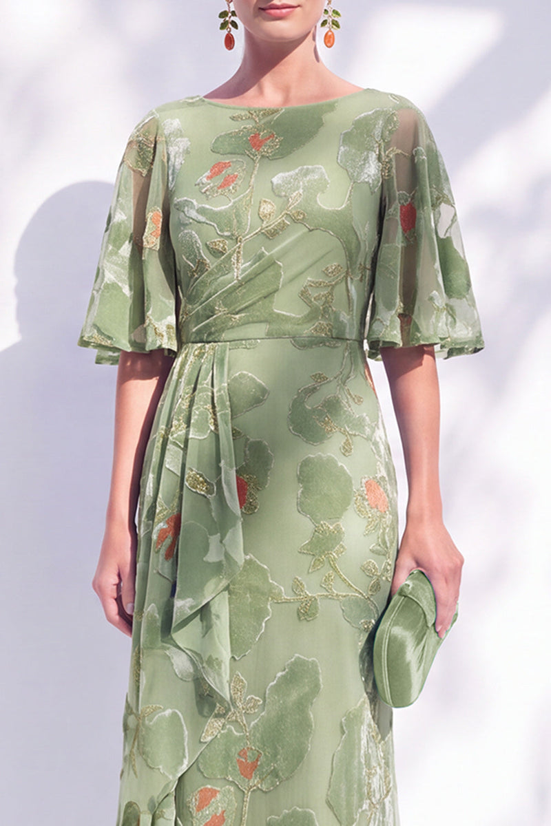 Laden Sie das Bild in den Galerie-Viewer, Salbeigrünes Blumen Meerjungfrauen Bateau-Hals Gerafftes Langes Mutter der Braut Kleid mit Schärpe