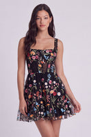 Laden Sie das Bild in den Galerie-Viewer, Elfenbein Blumen Korsett A-Linie Quadrathals Mini Standesamt Kleid