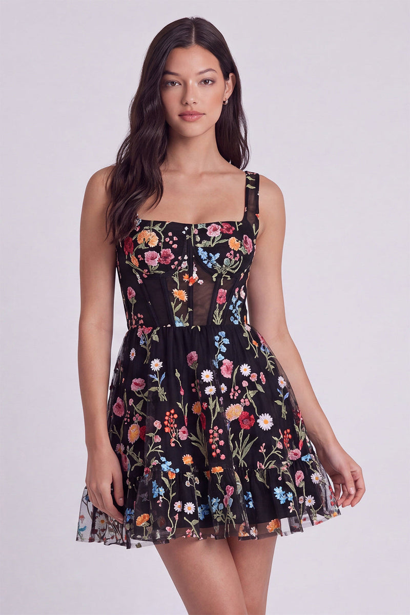 Laden Sie das Bild in den Galerie-Viewer, Elfenbein Blumen Korsett A-Linie Quadrathals Mini Standesamt Kleid