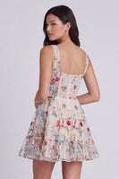 Laden Sie das Bild in den Galerie-Viewer, Elfenbein Blumen Korsett A-Linie Quadrathals Mini Standesamt Kleid