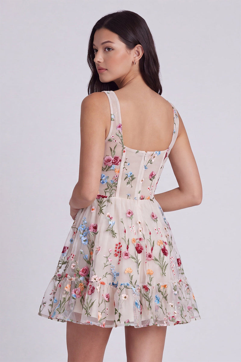 Laden Sie das Bild in den Galerie-Viewer, Elfenbein Blumen Korsett A-Linie Quadrathals Mini Standesamt Kleid