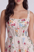 Laden Sie das Bild in den Galerie-Viewer, Elfenbein Blumen Korsett A-Linie Quadrathals Mini Standesamt Kleid