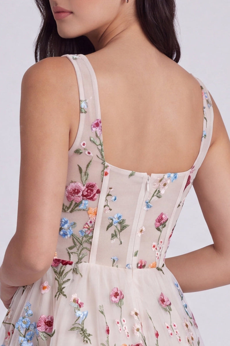 Laden Sie das Bild in den Galerie-Viewer, Elfenbein Blumen Korsett A-Linie Quadrathals Mini Standesamt Kleid