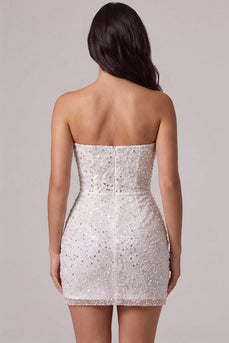 Trägerloses Bodycon Korsett Kleines weißes Kleid mit Pailletten