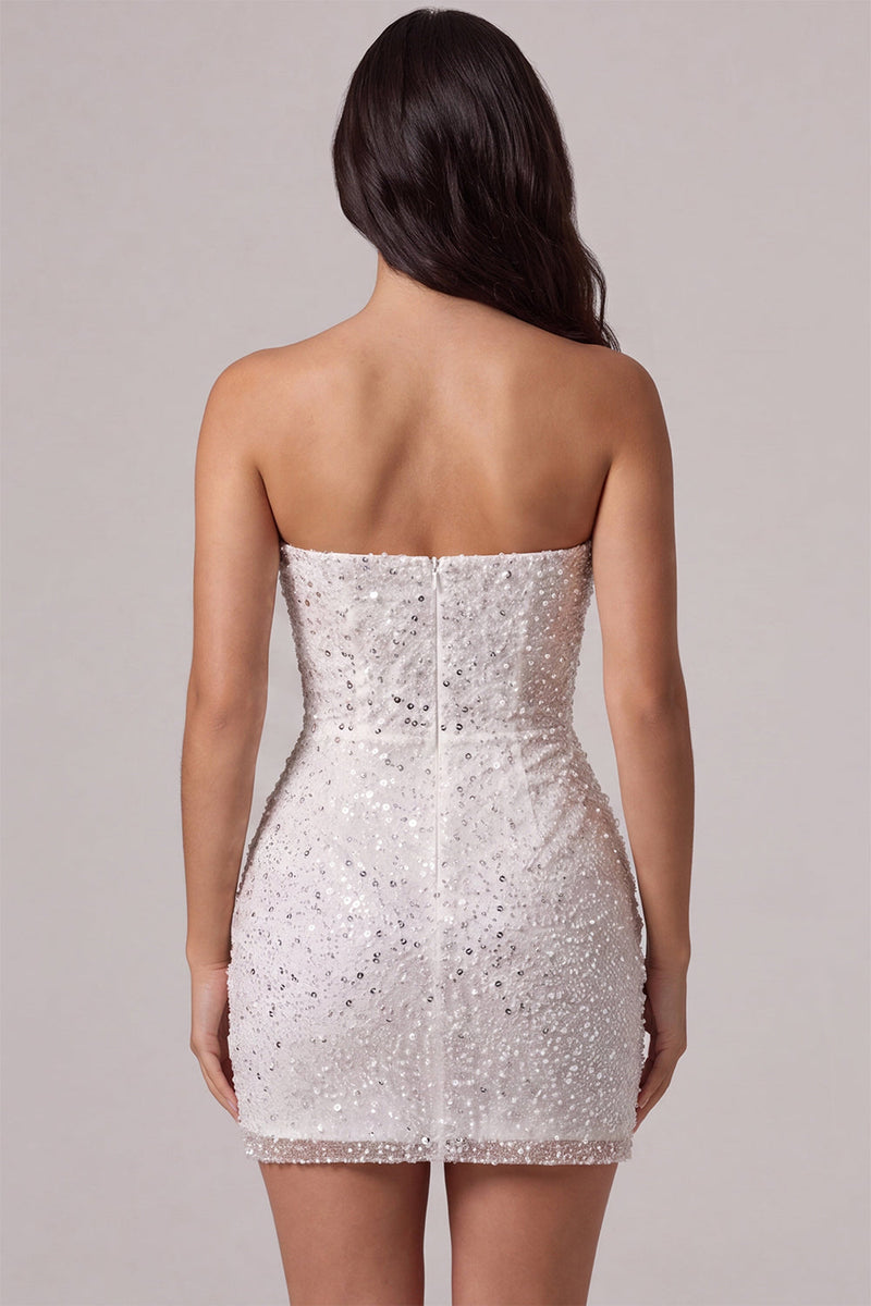Laden Sie das Bild in den Galerie-Viewer, Trägerloses Bodycon Korsett Kleines weißes Kleid mit Pailletten