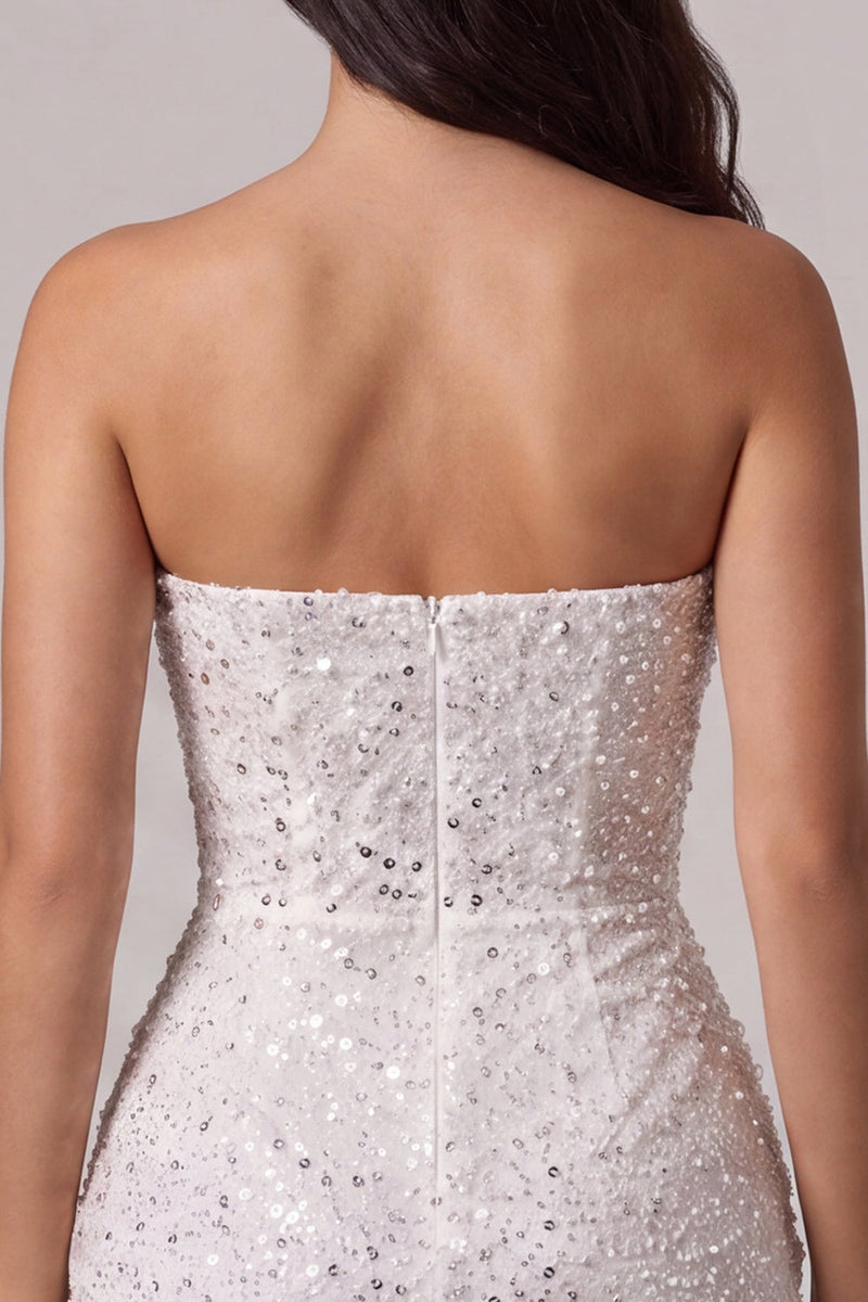 Laden Sie das Bild in den Galerie-Viewer, Trägerloses Bodycon Korsett Kleines weißes Kleid mit Pailletten