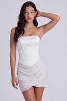 Laden Sie das Bild in den Galerie-Viewer, Trägerloses Korsett Bodycon Pailletten Kleines weißes Kleid mit Schnürung hinten
