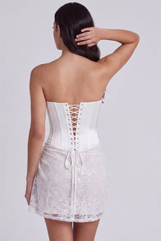 Trägerloses Korsett Bodycon Pailletten Kleines weißes Kleid mit Schnürung hinten