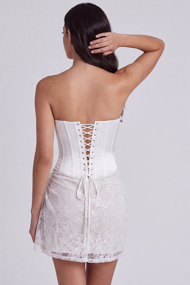 Laden Sie das Bild in den Galerie-Viewer, Trägerloses Korsett Bodycon Pailletten Kleines weißes Kleid mit Schnürung hinten