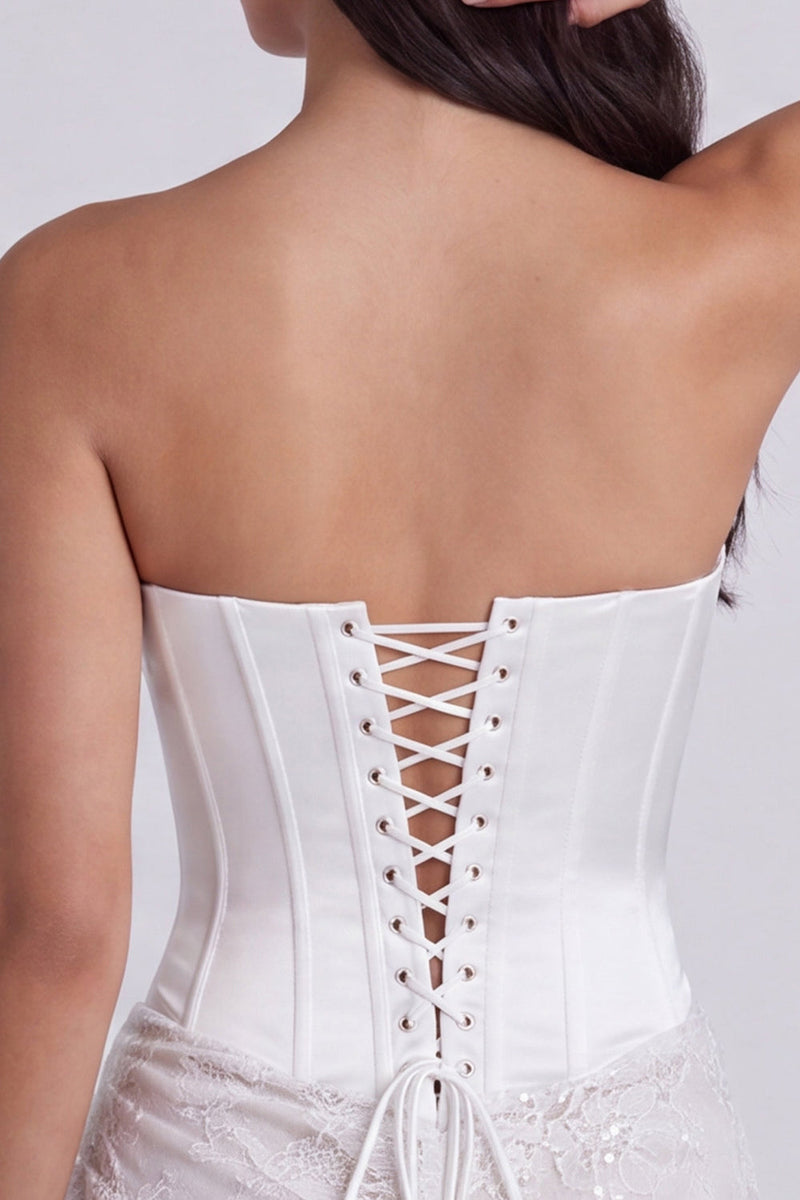 Laden Sie das Bild in den Galerie-Viewer, Trägerloses Korsett Bodycon Pailletten Kleines weißes Kleid mit Schnürung hinten