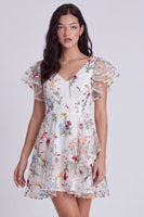 Laden Sie das Bild in den Galerie-Viewer, Elfenbein Blumen A-Linie Standesamt Kleid mit V-Ausschnitt und Rüschen