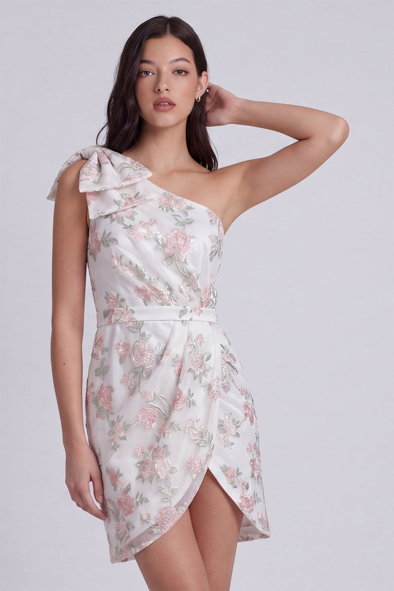 Laden Sie das Bild in den Galerie-Viewer, Einschulter Floral Bodycon Kleines weißes Kleid mit Schleife