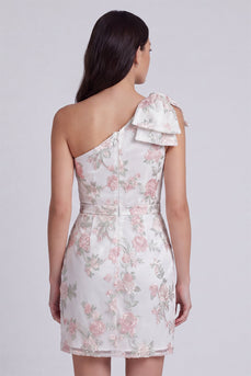 Einschulter Floral Bodycon Kleines weißes Kleid mit Schleife
