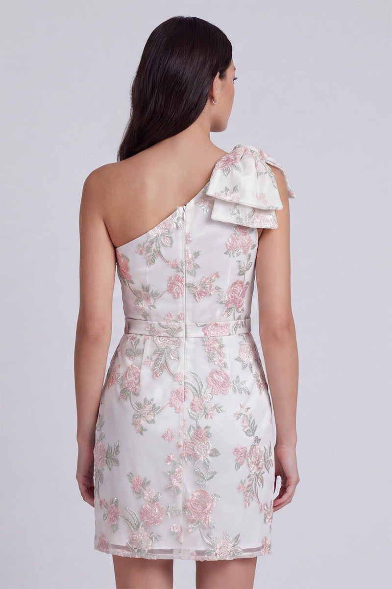 Laden Sie das Bild in den Galerie-Viewer, Einschulter Floral Bodycon Kleines weißes Kleid mit Schleife