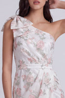 Laden Sie das Bild in den Galerie-Viewer, Einschulter Floral Bodycon Kleines weißes Kleid mit Schleife