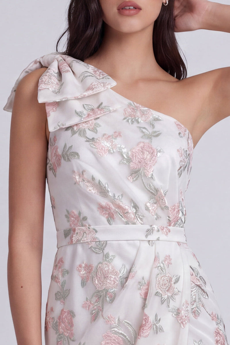 Laden Sie das Bild in den Galerie-Viewer, Einschulter Floral Bodycon Kleines weißes Kleid mit Schleife