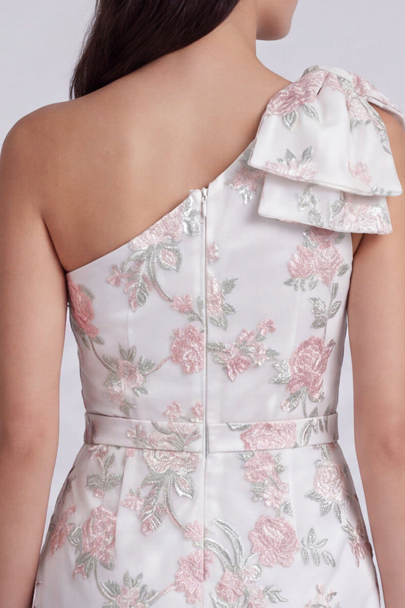 Laden Sie das Bild in den Galerie-Viewer, Einschulter Floral Bodycon Kleines weißes Kleid mit Schleife