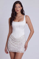 Laden Sie das Bild in den Galerie-Viewer, Bodycon Korsett Pailletten Quadratischer Ausschnitt Kleines weißes Kleid mit Schnürung