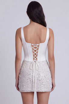 Bodycon Korsett Pailletten Quadratischer Ausschnitt Kleines weißes Kleid mit Schnürung