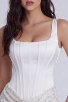 Laden Sie das Bild in den Galerie-Viewer, Bodycon Korsett Pailletten Quadratischer Ausschnitt Kleines weißes Kleid mit Schnürung