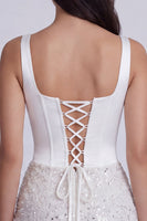 Laden Sie das Bild in den Galerie-Viewer, Bodycon Korsett Pailletten Quadratischer Ausschnitt Kleines weißes Kleid mit Schnürung