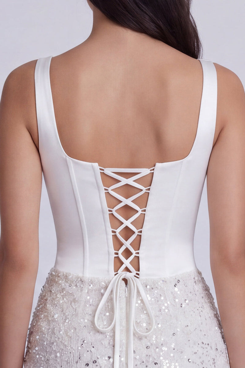 Laden Sie das Bild in den Galerie-Viewer, Bodycon Korsett Pailletten Quadratischer Ausschnitt Kleines weißes Kleid mit Schnürung