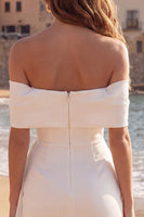 Laden Sie das Bild in den Galerie-Viewer, Schulterloses Elfenbein Bodycon Raffen Gerüffeltes Standesamt Kleid mit Schleife