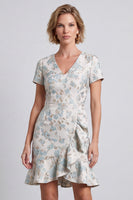 Laden Sie das Bild in den Galerie-Viewer, Hellblaues V-Ausschnitt Floral Bodycon Mini Arbeitskleid mit Rüschen und Kurzärmeln