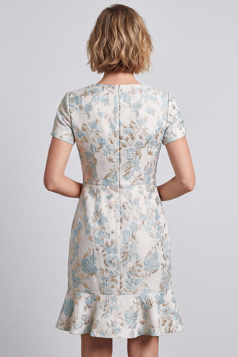 Laden Sie das Bild in den Galerie-Viewer, Hellblaues V-Ausschnitt Floral Bodycon Mini Arbeitskleid mit Rüschen und Kurzärmeln