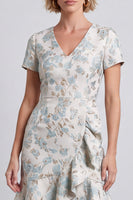 Laden Sie das Bild in den Galerie-Viewer, Hellblaues V-Ausschnitt Floral Bodycon Mini Arbeitskleid mit Rüschen und Kurzärmeln