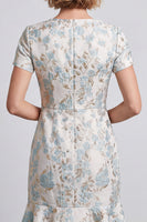 Laden Sie das Bild in den Galerie-Viewer, Hellblaues V-Ausschnitt Floral Bodycon Mini Arbeitskleid mit Rüschen und Kurzärmeln