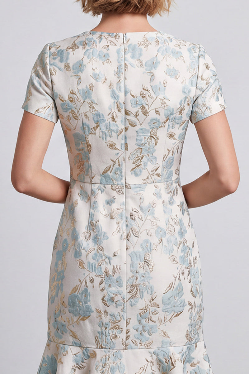 Laden Sie das Bild in den Galerie-Viewer, Hellblaues V-Ausschnitt Floral Bodycon Mini Arbeitskleid mit Rüschen und Kurzärmeln