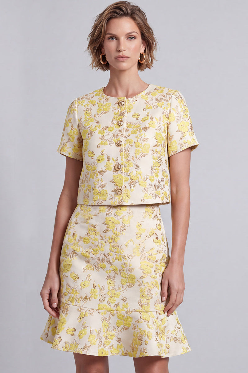 Laden Sie das Bild in den Galerie-Viewer, Hellgelbes Rundhals Bodycon Floral Kurzes Arbeitskleid mit Rüschen