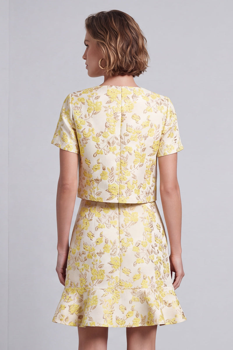 Laden Sie das Bild in den Galerie-Viewer, Hellgelbes Rundhals Bodycon Floral Kurzes Arbeitskleid mit Rüschen