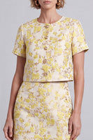 Laden Sie das Bild in den Galerie-Viewer, Hellgelbes Rundhals Bodycon Floral Kurzes Arbeitskleid mit Rüschen